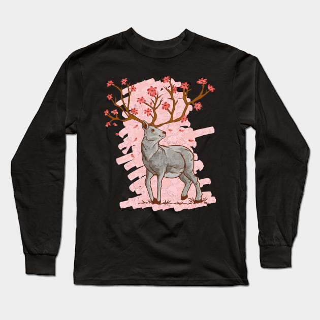 Cherry Blossom Deer Sakura Long Sleeve T-Shirt by Design Seventytwo